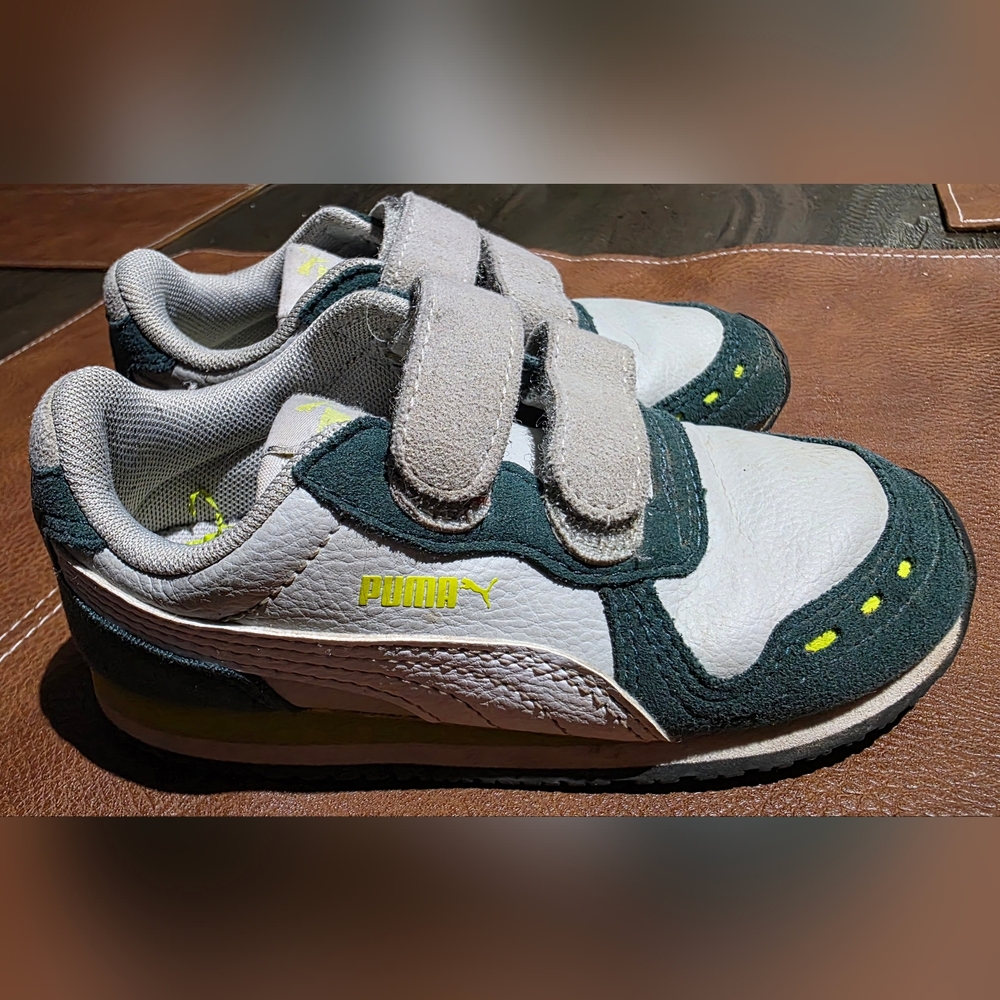 Puma Kids Light Gray & Dark Green Velcro Sneakers with Yellow Logo